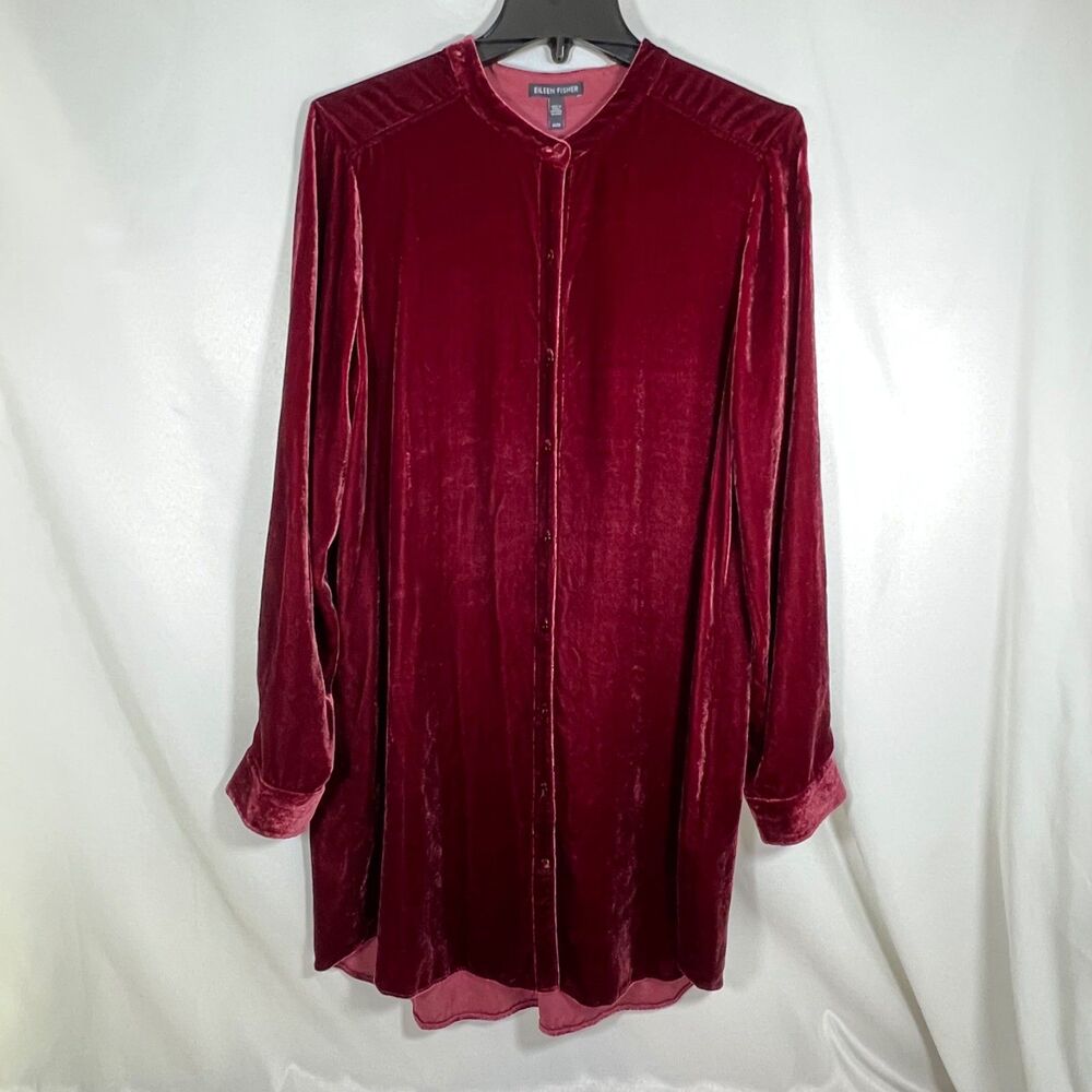 Eileen Fisher Burgundy Velvet Tunic Long Shirt Band Collar Rayon Silk Size Med